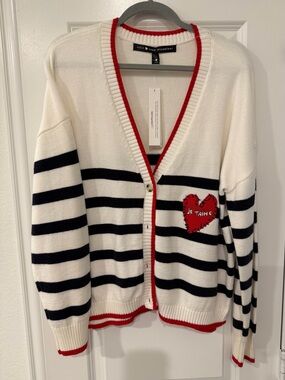Rosenthal White Cardigan with Black Stripes and Red Trim, Heart Patch